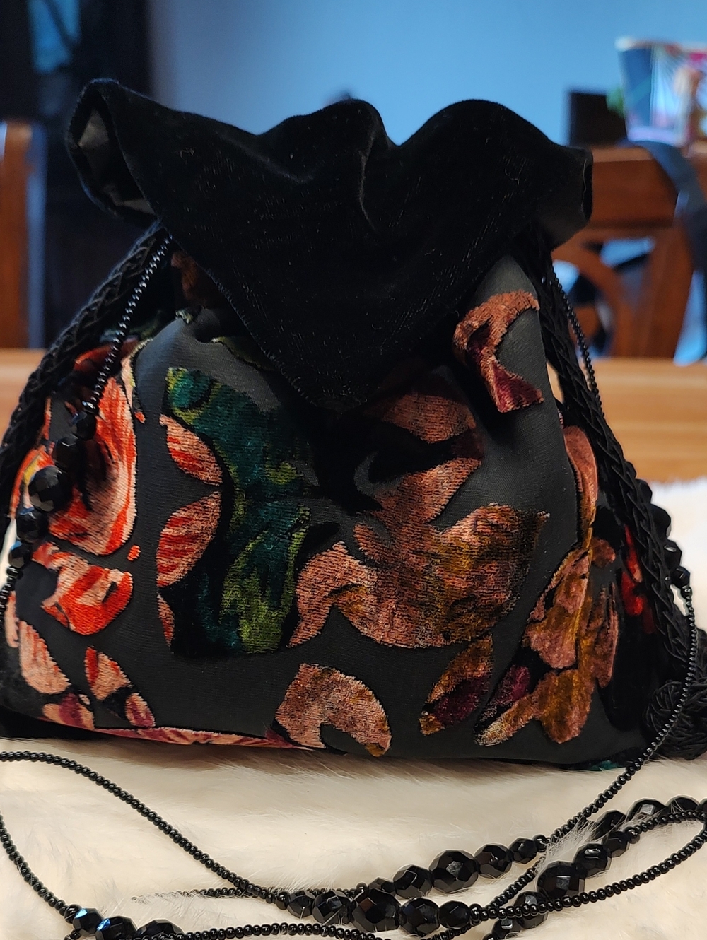 Lisa Violetto Y2K 90s Velvet Floral Black Jett Beaded Strap Drawstring Bag